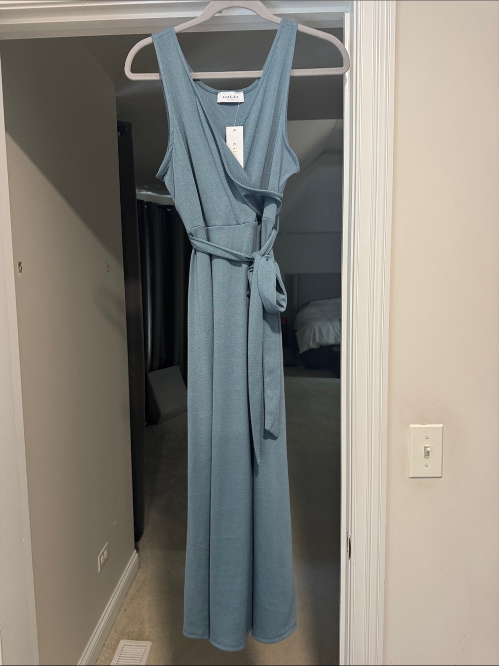 Gilt Dusty Blue Sleeveless Wrap midi Dress with Waist Tie